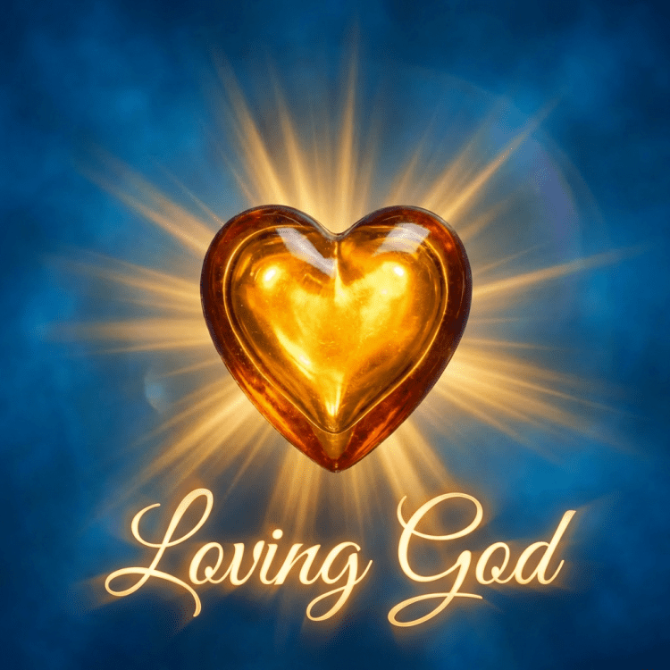 A glowing amber heart emitting radiant golden rays against a dark blue background.